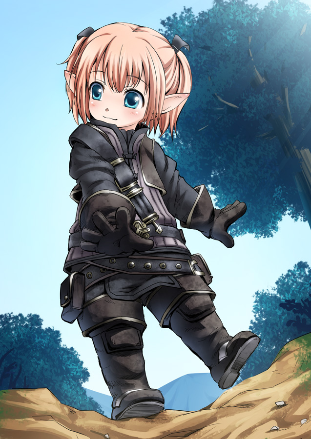 :3 aqua_eyes bad_id bad_pixiv_id boots broiler final_fantasy final_fantasy_xiv gloves lalafell pointy_ears smile solo tree twintails