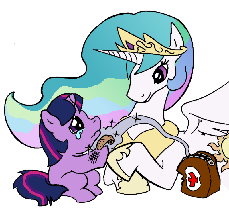bandage boo_boo crown crying cute equine female feral first_aid friendship_is_magic hair horn horns horse magic mammal multi-colored_hair my_little_pony pink_eyes plain_background pony princess_celestia_(mlp) purple_eyes rainbow_hair sticking_plaster tears twilight_sparkle_(mlp) two_tone_hair unicorn unknown_artist white_background winged_unicorn wings