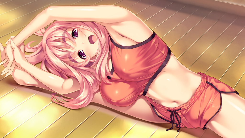 1girl character_request d-eve_in_you erect_nipples game_cg gokokukyou indoors midriff navel open_mouth pink_hair purple_eyes solo source_request split stretch stretching twinkle_soft ubukata_yume