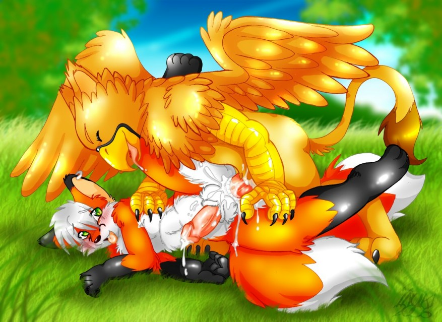 2006 anal anal_penetration avian blush canine chest_tuft claws cum cum_inside drool eyes_closed fox from_behind gay grass_field green_eyes gryphon hair inuki kitsune looking_at_viewer male multiple_tails on_side orange panting penetration penis red saliva sheath short_hair short_white_hair tail tongue white_hair wings