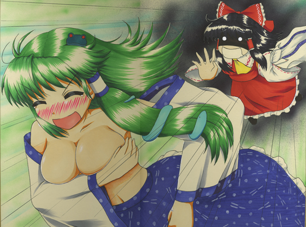 ascot blush breast_hold breasts chasing cleavage collarbone covering covering_breasts detached_sleeves dutch_angle fleeing green_hair hair_ornament hair_tubes hakurei_reimu kingindou_yumeji kochiya_sanae large_breasts long_hair motion_lines multiple_girls navel nose_blush running topless touhou wide_sleeves you_gonna_get_raped