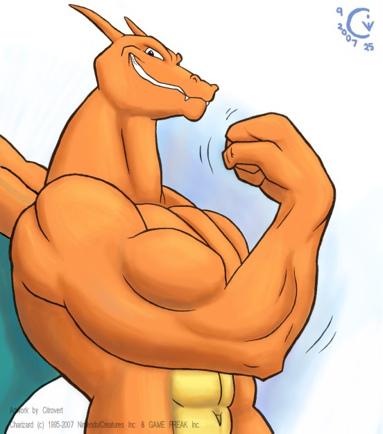 beefy black_eyes charizard dragon fangs grin horns looking_at_viewer male muscles narc nude pok&eacute;mon presenting reptile scalie solo standing wings