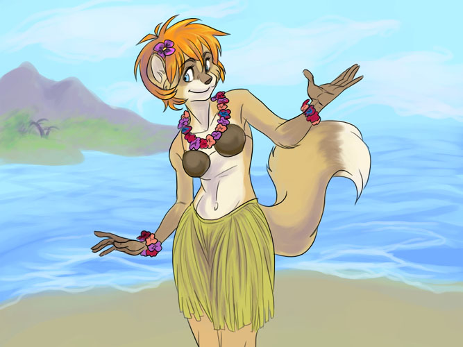 beach bikini canine coconut_shell dancing female fox fursona grass_skirt hawaii island kelly_hamilton kellyfur lei luau seaside skimpy solo