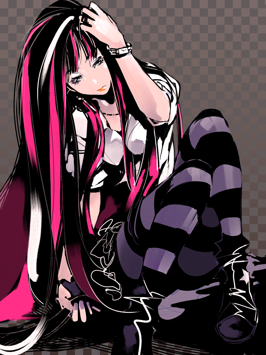 bad_id bad_pixiv_id black_hair checkered checkered_background highres jewelry lips long_hair multicolored_hair necklace panty_&amp;_stocking_with_garterbelt pantyhose pink_hair pomodorosa sitting solo stocking_(psg) striped striped_legwear two-tone_hair very_long_hair watch wristwatch