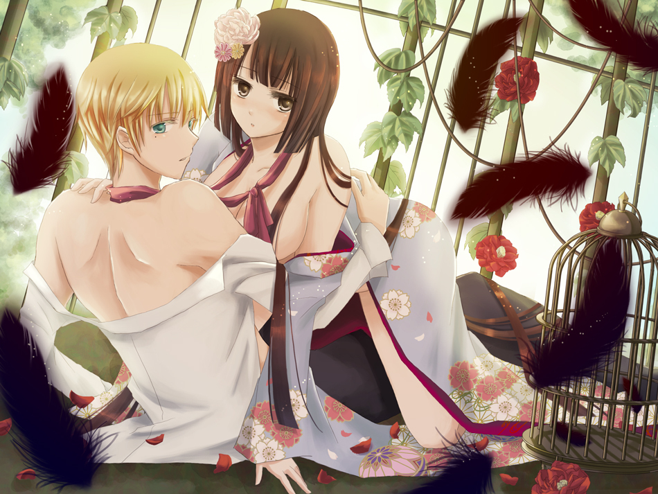1girl back black_feathers blonde_hair blush brown_hair character_request couple feathers flower green_eyes hair_flower hair_ornament hetero itsumoto_hiroharu japanese_clothes looking_back open_mouth pixiv_master_and_servant red_flower short_hair