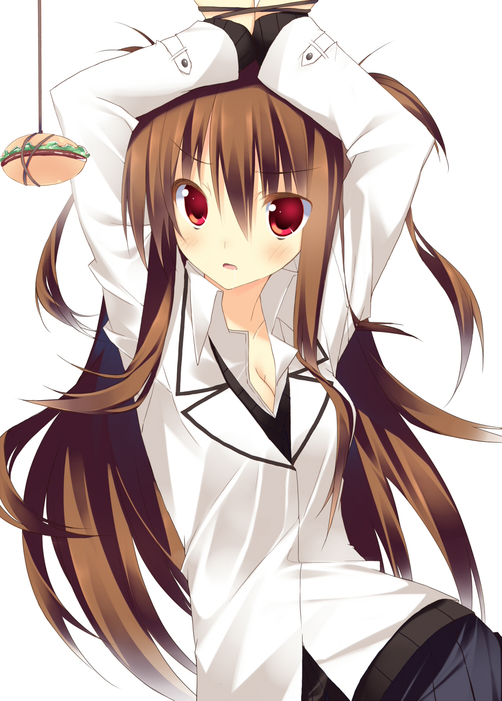 arms_up bound breasts brown_eyes cleavage food highres kuwashima_rein long_hair original red_eyes sandwich simple_background small_breasts solo tied_up tororo_inniina