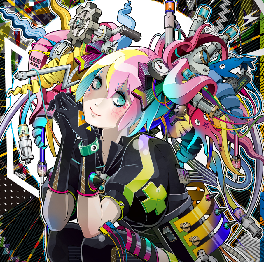 bad_id bad_pixiv_id colorful gloves hiroyuki_takahashi multicolored_hair original science_fiction smile solo thighhighs