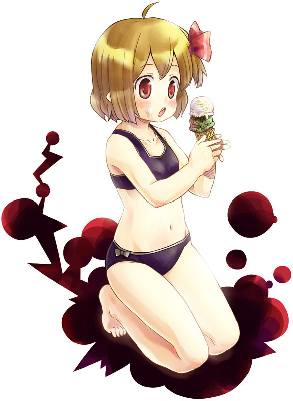 :o ahoge barefoot bikini blonde_hair child darkness fang food food_on_face full_body hair_ribbon ice_cream ice_cream_cone kannazuki_hato kneeling navel open_mouth pointy_ears red_eyes ribbon rumia short_hair simple_background solo swimsuit touhou