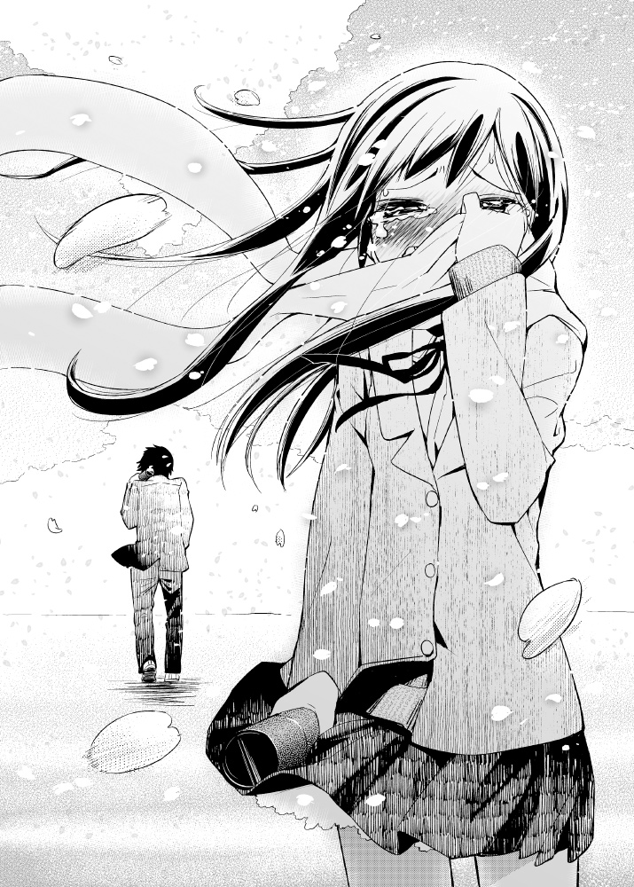 1girl cherry_blossoms crying crying_with_eyes_open diploma graduation greyscale hand_on_own_face long_hair mizu_asato monochrome original petals scarf school_uniform sobbing tears wind
