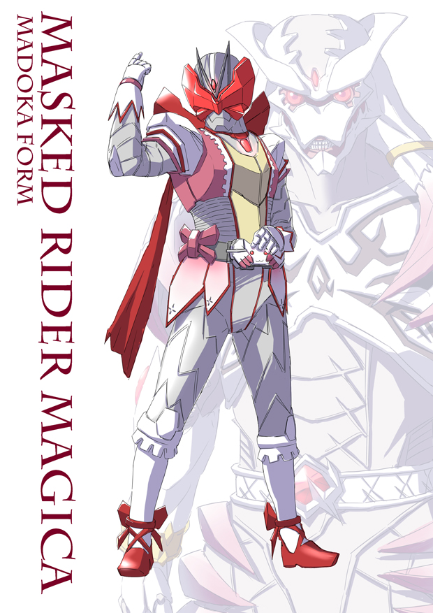 arm_up belt bow gloves glowing kamen_rider kaname_madoka kyubey looking_at_viewer mahou_shoujo_madoka_magica mechanization parody pink_bow red_footwear red_hair red_scarf scarf shoes simple_background standing sukekiyo56 teeth white_background white_gloves