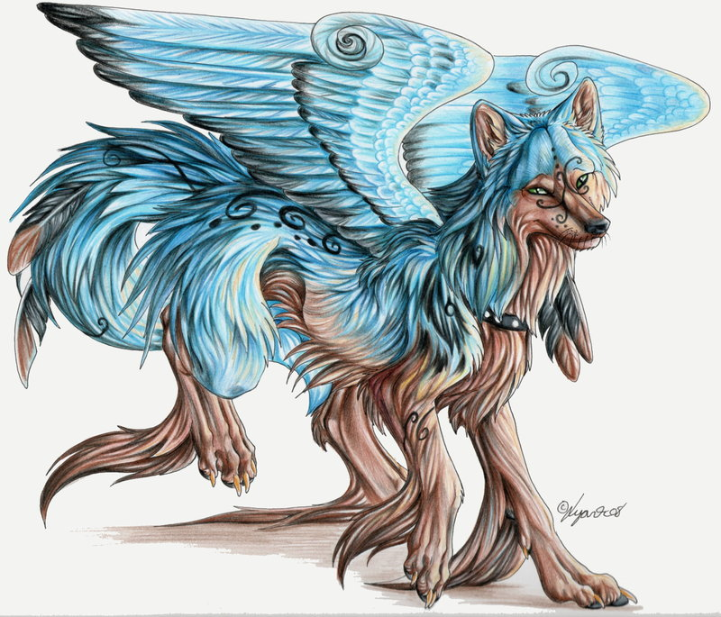 ambiguous_gender canine feathers looking_at_viewer lyanti markings tribal unusual_coloring wings