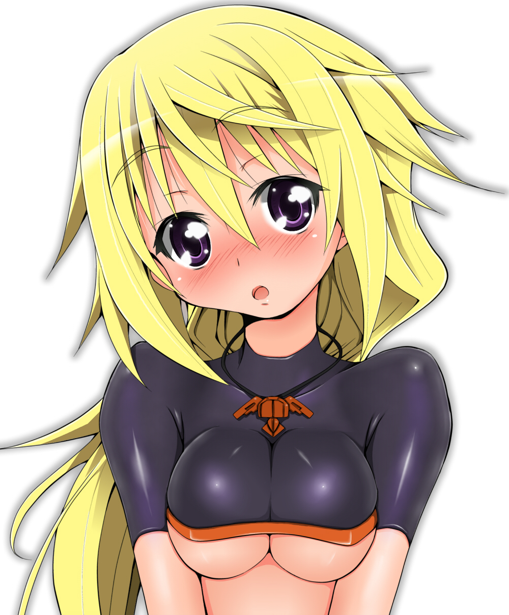 :o bangs blonde_hair blush breast_squeeze breasts charlotte_dunois crop_top crossdressing embarrassed hair_between_eyes head_tilt highres infinite_stratos jewelry large_breasts long_hair low_ponytail naz necklace nose_blush open_mouth outline pendant pilot_suit ponytail purple_eyes simple_background skin_tight solo spandex turtleneck underboob upper_body very_long_hair white_background