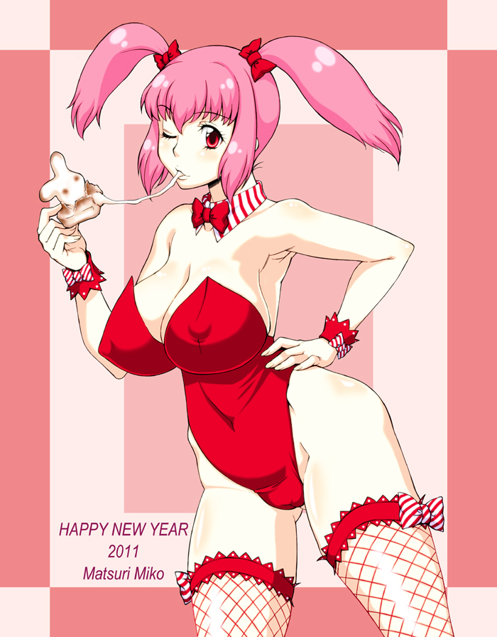 2011 animal_ears blush breasts bunny_ears bunnysuit cameltoe covered_nipples fishnets food large_breasts matsuri_miko one_eye_closed original pink_eyes pink_hair solo thighhighs twintails