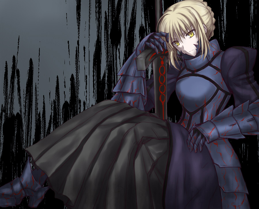 armor armored_dress artoria_pendragon_(all) bad_id bad_pixiv_id blonde_hair dark_excalibur dress fate/stay_night fate_(series) hitoha saber_alter solo yellow_eyes