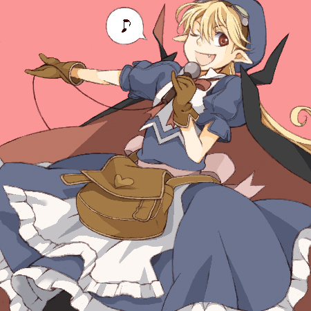 apron bag blonde_hair blue_dress blue_hat bow chiisanahana cloak dress gloves goggles goggles_on_head happy hat heart long_hair looking_at_viewer lowres marivel_armitage microphone music musical_note one_eye_closed open_mouth pink_background pointy_ears red_eyes ribbon simple_background singing solo wild_arms wild_arms_2