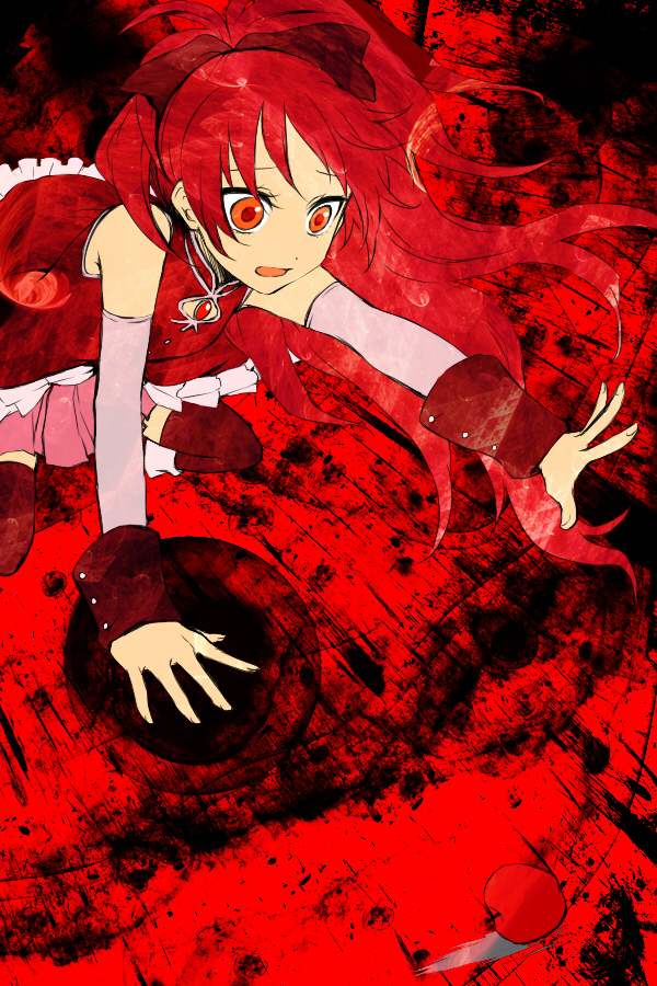 apple bad_id bad_pixiv_id detached_sleeves food fruit kca long_hair mahou_shoujo_madoka_magica outstretched_arm outstretched_hand ponytail reaching red red_eyes red_hair sakura_kyouko solo thighhighs