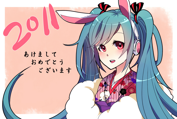 2011 animal_ears aqua_hair bunny_ears face hair_ribbon hatsune_miku headphones japanese_clothes kimono kujou_saku long_hair new_year red_eyes ribbon solo twintails vocaloid