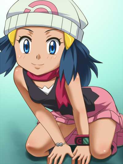 all_fours awa blue_eyes blue_hair bracelet hikari_(pokemon) jewelry loli looking_at_viewer pokemon simple_background smile
