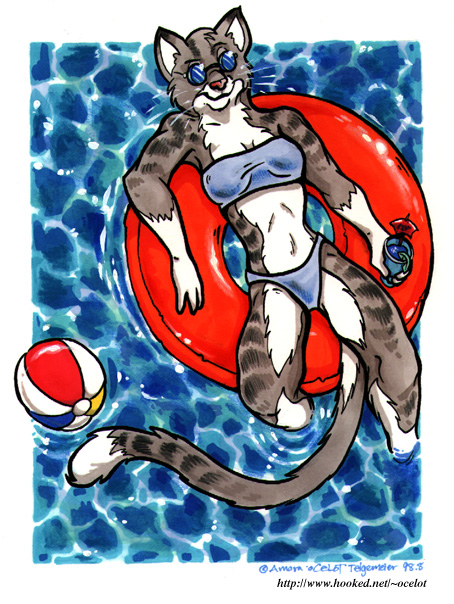 amara_telgemeier cat cocktail feline floating overhead pool solo summer sunglasses swimsuit water