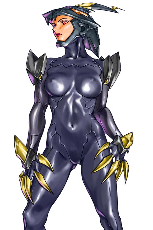 bodysuit breasts claws helmet lipstick makeup medium_breasts original red_eyes simple_background skin_tight solo take_(draghignazzo)