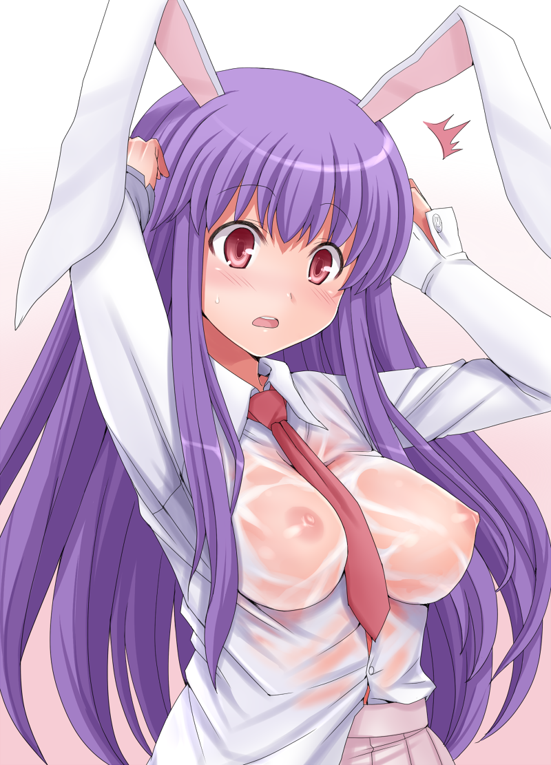 1girl animal_ears arms_up bad_id bad_pixiv_id between_breasts blush breasts bunny_ears dress_shirt hasu_(hk_works) impossible_clothes impossible_shirt long_hair medium_breasts necktie nipples no_bra open_mouth pink_eyes purple_hair red_neckwear reisen_udongein_inaba see-through shirt skirt solo surprised touhou upper_body wet wet_clothes wet_shirt white_shirt