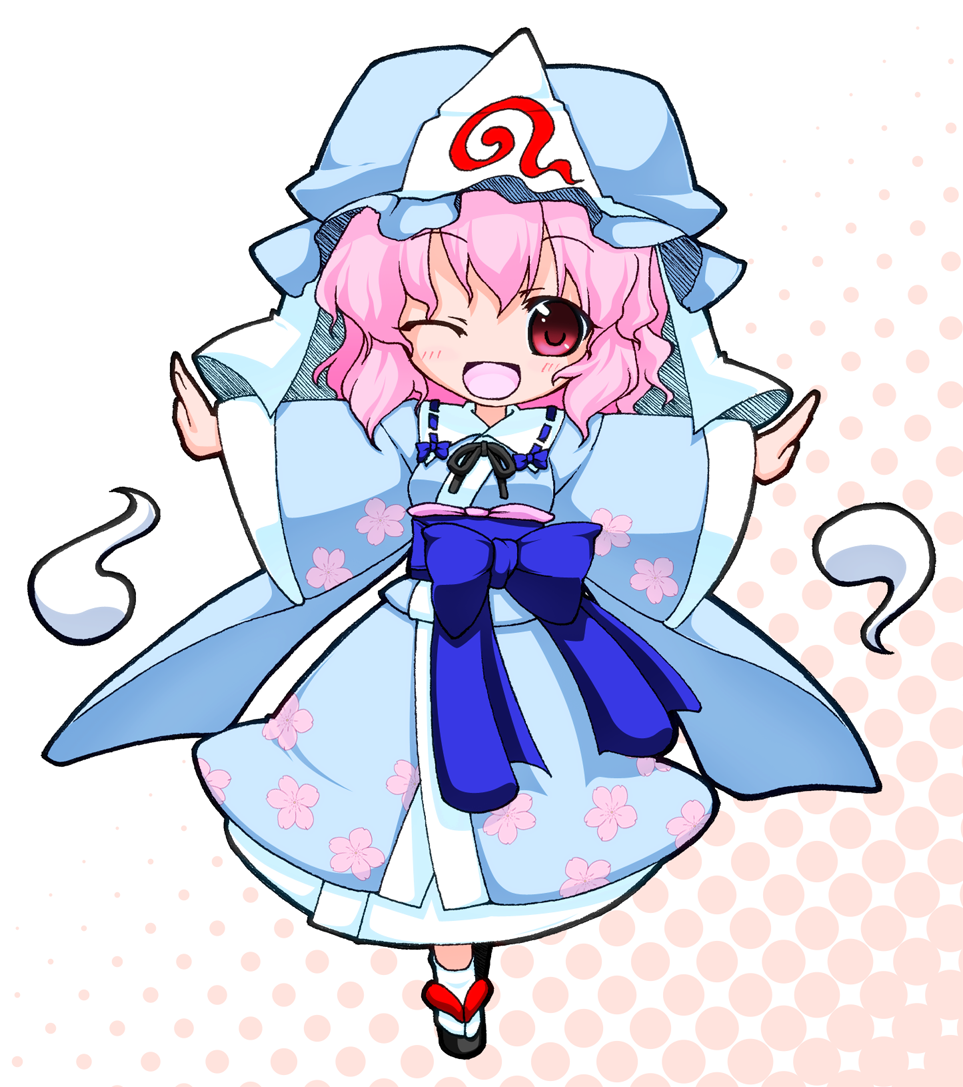 chibi ghost hat hitodama japanese_clothes kyuu_you outstretched_arms pink_eyes pink_hair saigyouji_yuyuko solo touhou