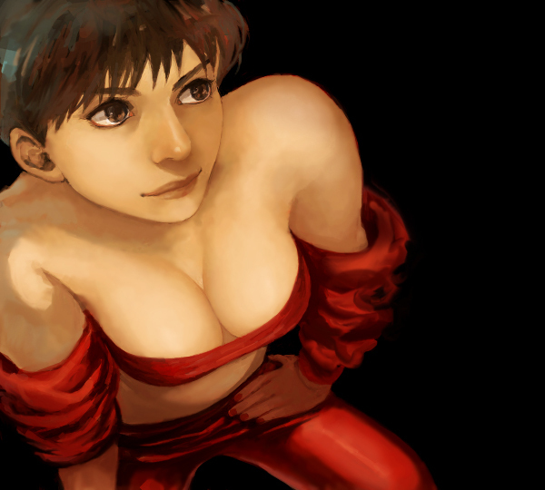 akira bare_shoulders breasts brown_eyes brown_hair cleavage jacket kei_(akira) looking_up nail_polish painted_fingernails pixiv realistic short_hair