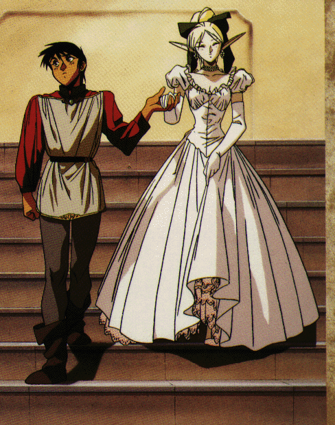 1girl 90s boots closed_eyes deedlit dress earrings elbow_gloves elf formal frills gloves gown holding_hands jewelry necklace non-web_source pointy_ears record_of_lodoss_war skirt_hold stairs white_gloves yuuki_nobuteru