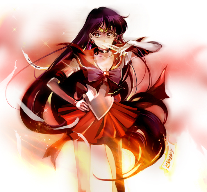 athenacg back_bow bishoujo_senshi_sailor_moon black_hair bow brooch choker earrings feathers gloves grey_eyes hand_on_hip hino_rei jewelry long_hair magical_girl no_mouth ofuda pleated_skirt red_sailor_collar red_skirt ribbon sailor_collar sailor_mars sailor_senshi_uniform skirt solo sparkle star star_choker super_sailor_mars tiara white_gloves