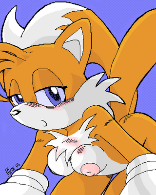 2005 all_fours blue_eyes blush breasts canine chest_tuft crossgender female fox gloves kitsune looking_at_viewer multiple_tails orange peterson solo sonic_(series) tail tailsko