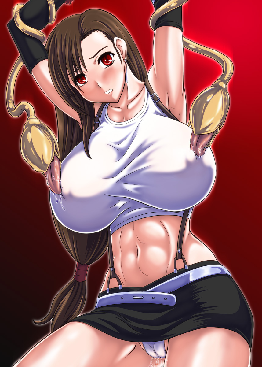 1girl anglachel arms_up belt blush breasts brown_hair earrings elbow_gloves erect_nipples female final_fantasy final_fantasy_vii gigantic_breasts gloves highres huge_breasts jewelry long_hair midriff miniskirt natsuru_(anglachel) panties pantyshot red_eyes skirt solo suspenders tank_top tanktop tentacle tentacles tifa_lockhart underwear upskirt white_panties