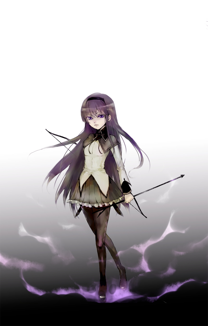 akemi_homura arrow black_hairband bow_(weapon) hairband highres long_hair mahou_shoujo_madoka_magica nimu2 pantyhose purple_eyes school_uniform solo weapon