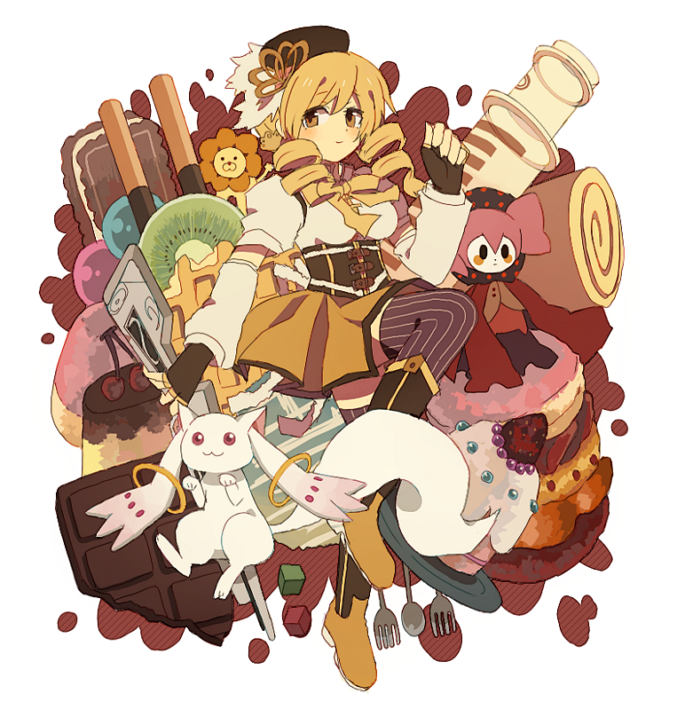 beret blonde_hair boots cake charlotte_(madoka_magica) chocolate corset drill_hair fingerless_gloves food fork gloves gun hat kyubey magical_girl magical_musket mahou_shoujo_madoka_magica ottoichi pocky puffy_sleeves rifle smile spoon syringe thighhighs tomoe_mami twin_drills twintails weapon yellow_eyes