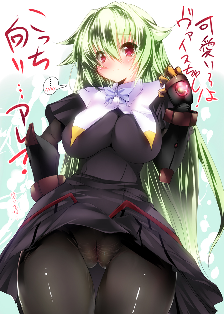 1girl arcana_heart arcana_heart_3 armor bad_id bad_pixiv_id bangs black_legwear blush bow bowtie bracer breasts cameltoe dress dress_lift embarrassed frown gloves glowing green_hair impossible_clothes impossible_shirt large_breasts long_hair no_panties noto_kurumi pantyhose red_eyes school_uniform shiny shirt solo spoken_blush standing thigh_gap translated underwear very_long_hair weiss