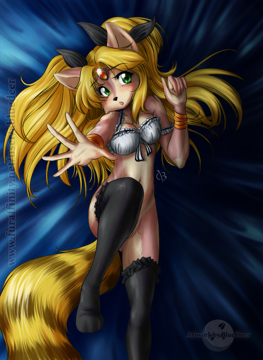 abluedeer bed blonde_hair bottomless bra breasts canine female green_eyes hair long_blonde_hair long_hair looking_at_viewer maya navel on_back open_mouth pink skimike skimpy solo stockings tail twin_tails underwear
