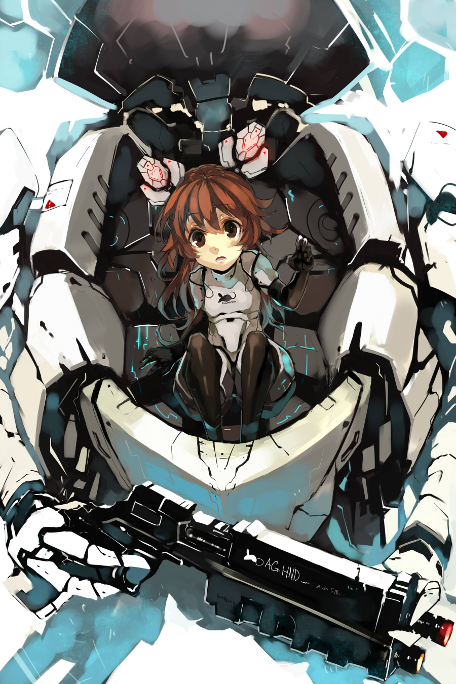 armor bad_id bad_pixiv_id bodysuit brown_eyes brown_hair gun hand_up highres kusanagi_kikoku mecha open_mouth original rifle sitting solo weapon