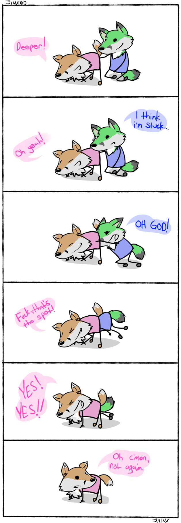 anal_insertion anal_penetration anal_vore canine comic dialog english_text eyes_closed fox insertion jinxed jjiinx mammal penetration syynx text vore