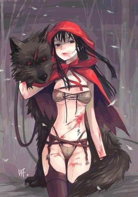 canine clothed clothing female forest hooded_cape human legwear little_red_riding_hood mammal panties scenery skimpy stockings tattoo tree underwear unknown_artist wolf wood woods