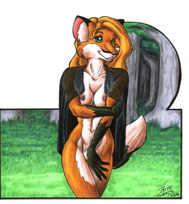 1995 blonde_hair breasts canine covering_self female fox grass green_eyes hair long_blonde_hair long_hair open_shirt orange solo standing tail unknown_artist