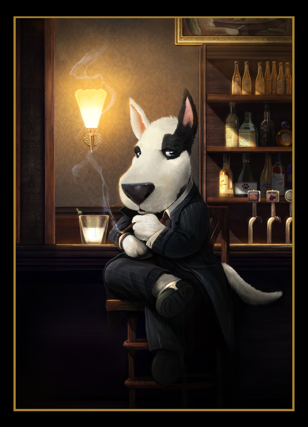 bar beverage bottles canine cigar daniel_luvisi dog drink looking_at_viewer mammal smoking solo suit
