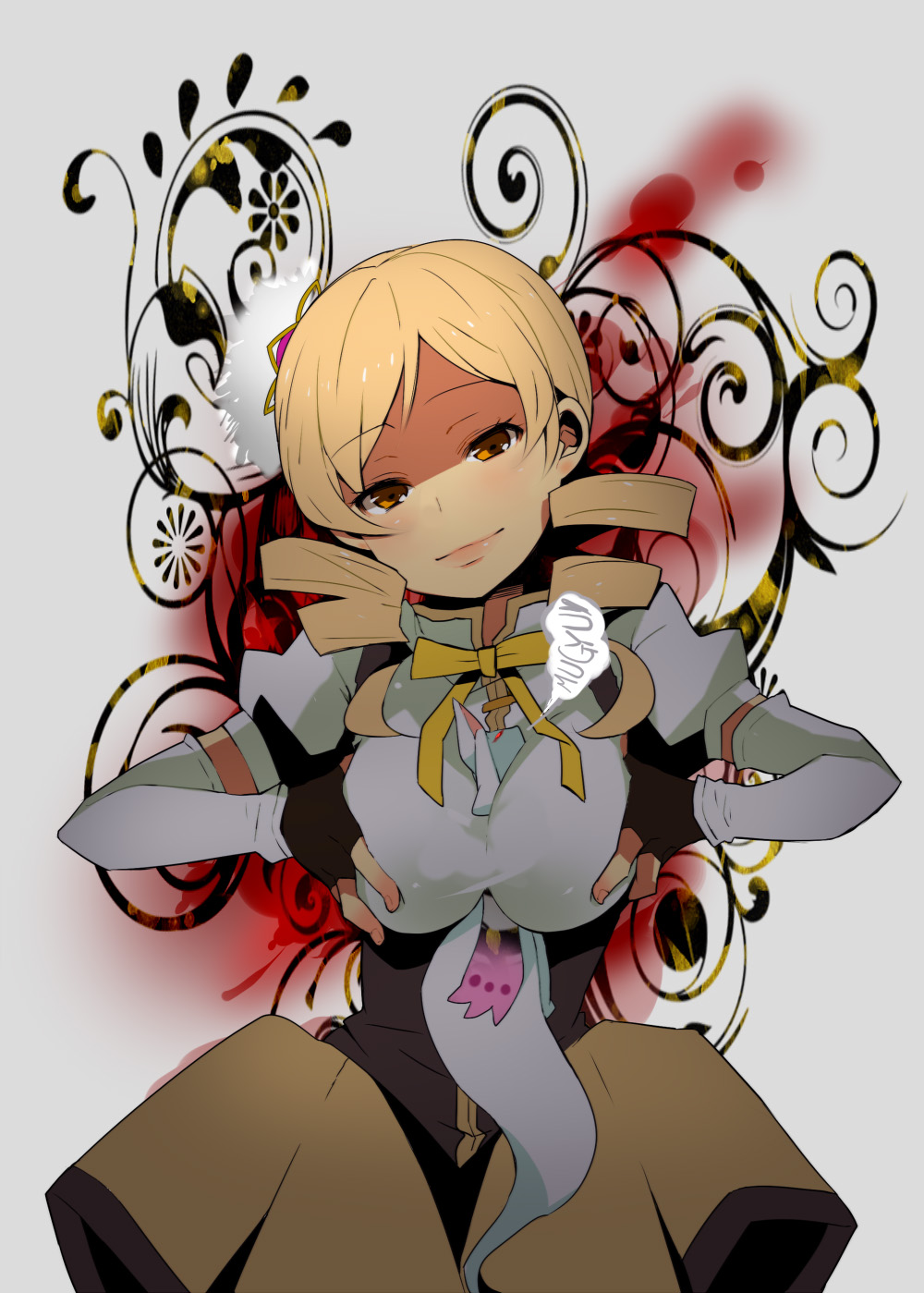bad_id bad_pixiv_id between_breasts blonde_hair breast_squeeze breasts detached_sleeves drill_hair fingerless_gloves gloves highres kyubey large_breasts long_hair mahou_shoujo_madoka_magica meno tomoe_mami twin_drills twintails yellow_eyes