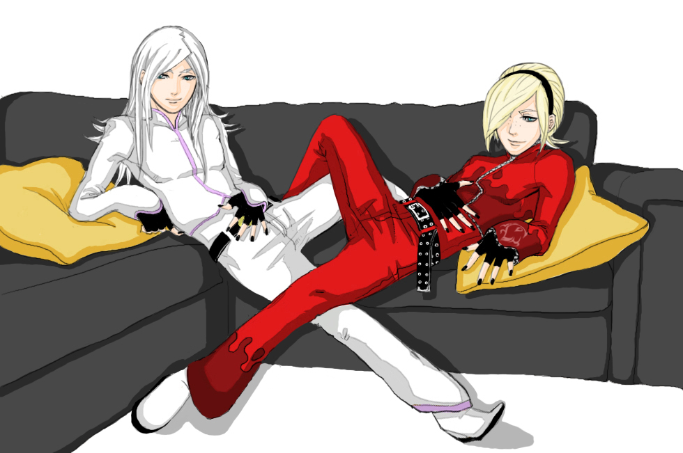 2boys androgynous ash_crimson blonde_hair blue_eyes couch dual_persona fingerless_gloves freckles gloves hair_over_one_eye hairband king_of_fighters male_focus multiple_boys nail_polish pillow saiki saiki_(kof) simple_background sitting smile snk trap white_background white_hair
