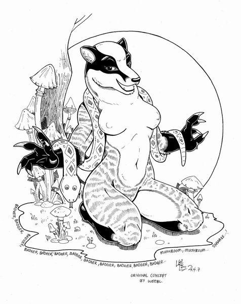badger black_and_white breasts claws female looking_at_viewer loupgarou monochrome mushroom nude snake solo