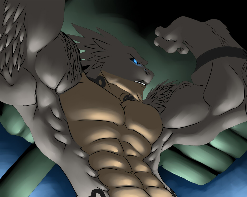 abs blue_eyes dragon faint fangs male muscles reptile scalie solo tank tattoo topless