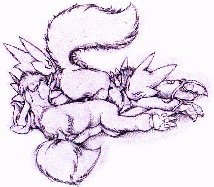anus ass_up butt canine chest_tuft digimon elbow_gloves female fox greyscale lesbian on_front on_side oral pussy raised_tail renamon sketch tail unknown_artist
