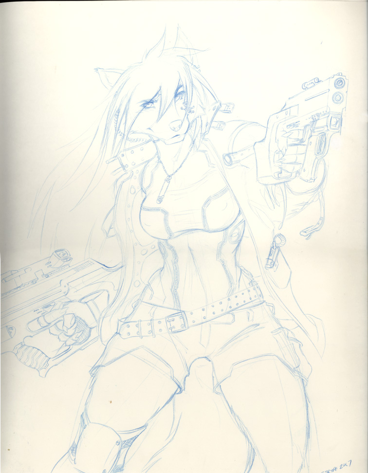belt black_and_white canine clothing female gun hair jacket jensca markings monochrome rifle shorts solo strype top weapon wide_hips