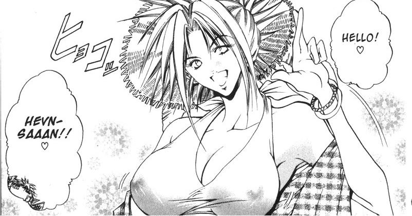 blonde_hair breasts fanservice getbackers hat hevn_(getbackers) large_breasts manga see_through smile