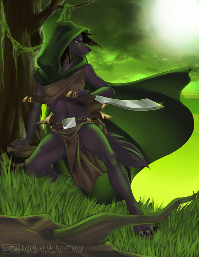 canine cloak clothed clothing female forest green green_theme holydust hood mammal midriff scenery skimpy sword tree weapon wolf wood