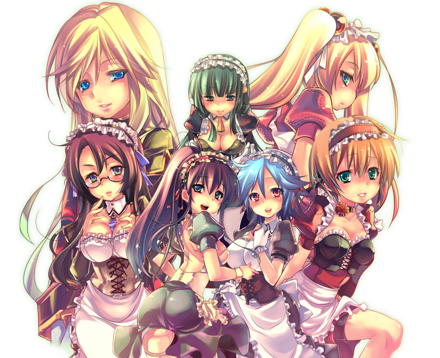 :d apron bike_shorts black_hair blonde_hair blue_eyes blue_hair blush breasts brown_eyes brown_hair cleavage corset from_behind gloves green_eyes green_hair hairband hand_on_own_chest kafra kamizuki_shiki long_hair maid medium_breasts multiple_girls necktie open_mouth ponytail ragnarok_online red_eyes small_breasts smile twintails wrist_cuffs