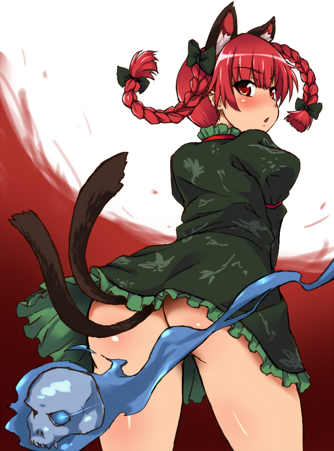 animal_ears ass braid cat_ears cat_tail censored convenient_censoring floating_skull hitodama kaenbyou_rin looking_back multiple_tails no_panties red_eyes red_hair sama_samasa short_hair skull solo tail touhou twin_braids twintails